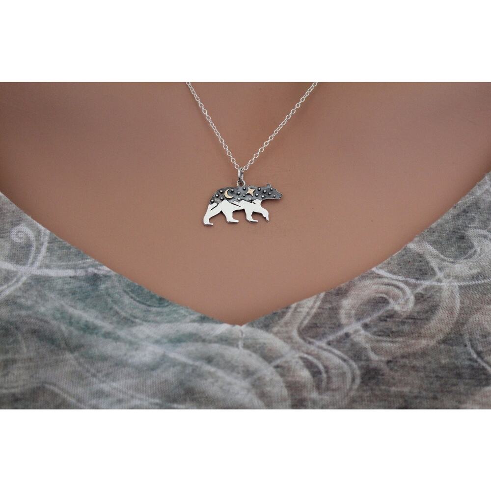 Sterling Silver Bear Charm with Mountains and Bronze Moon Necklace